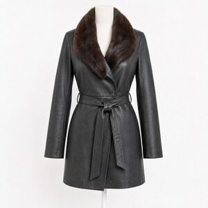 Vintage Vintage 70s Leather Fur Belted Trench Coat Size L Black Mob Wife Baddie